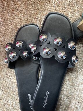Black Slide Sandals with Silver Stud Accents